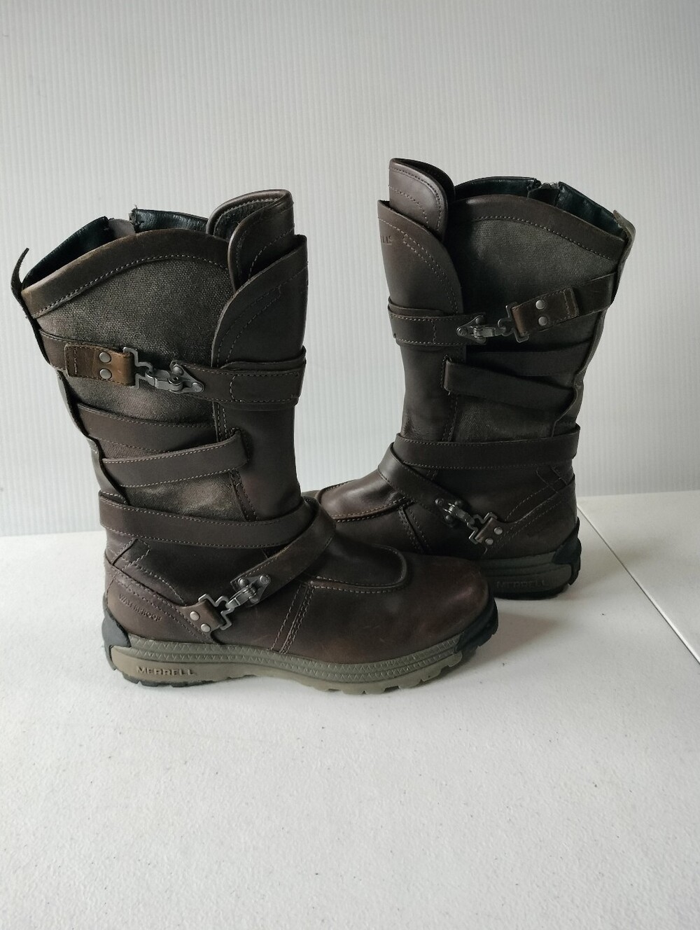 Merrell Womens Strappy Brown Leather Waterproof Mid-Calf Boots 7 Rain Winter